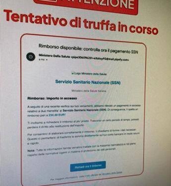 Alert ministero Salute: “False mail che promettono rimborsi, non cliccate su link”